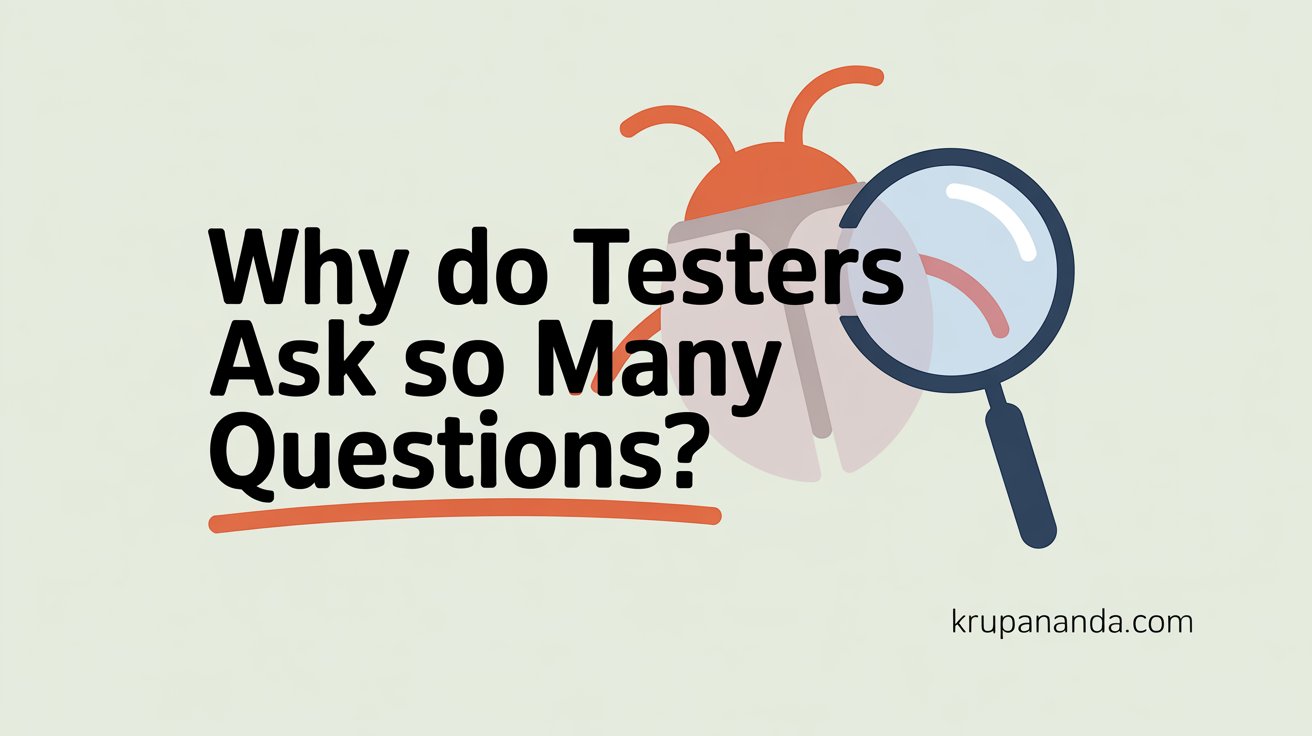 Featured graphic for blog post titled “Why Do Testers Ask So Many Questions?” showing bold text with icons representing bugs and inquiry.